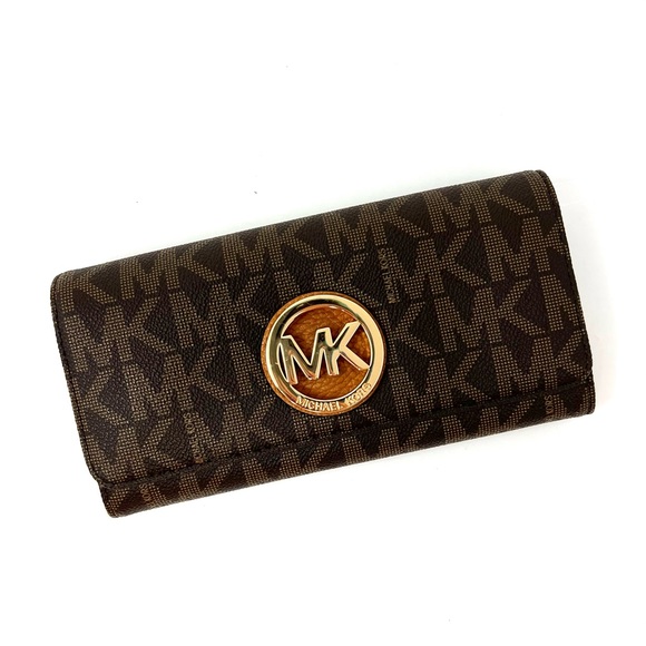 NEW! Michael Kors Signature Logo Fulton PVC Brown Acorn Flap Continental Wallet - Picture 1 of 11